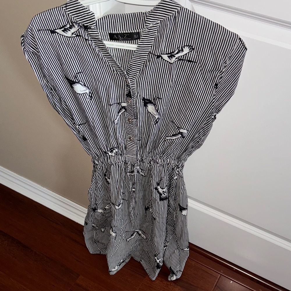 Monochrome Striped Mini Dress with Bird Print - with pockets